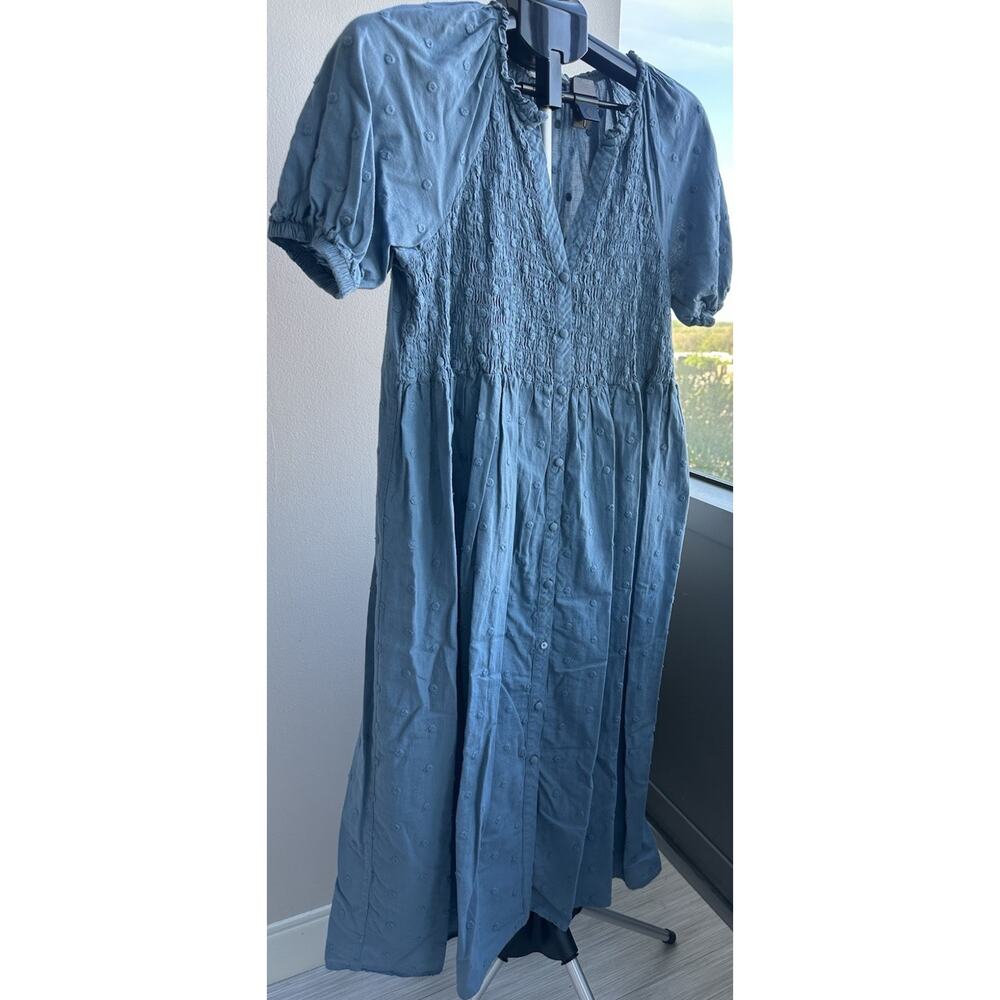 MNG Maxi Dress Blue Embroidered Cotton Smocked Button V-Neck Polka Dot M Short